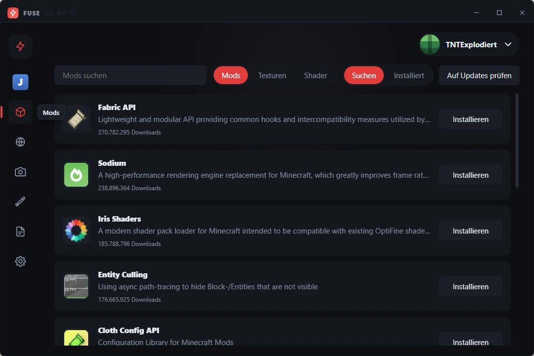 FUSE, Bereich Mods mit „Suchen“: eine Liste von Modrinth mit Fabric API, Sodium, Iris Shaders, Entity Culling und Cloth Config API, jeweils mit Downloadzahl und Knopf „Installieren“.