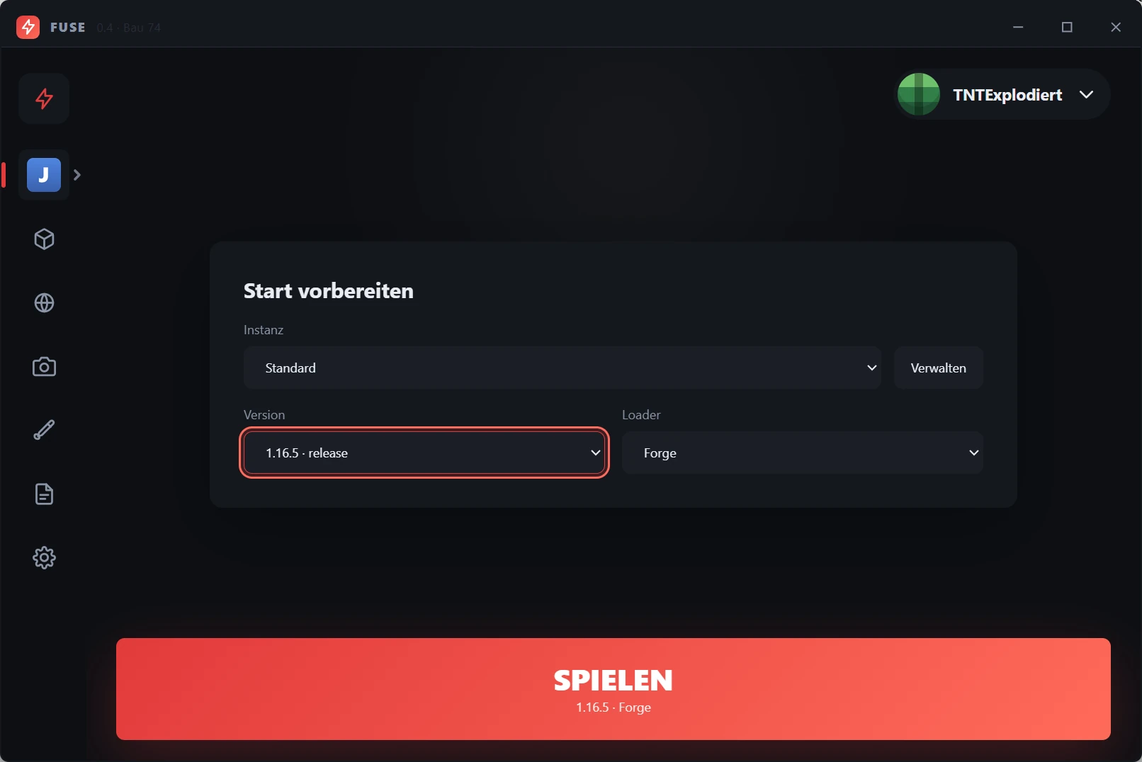 Das FUSE-Fenster: links die Seitenleiste, in der Mitte die Karte „Start vorbereiten“ mit Instanz „Standard“, Version 1.16.5 und Loader Forge, unten der große rote SPIELEN-Knopf.